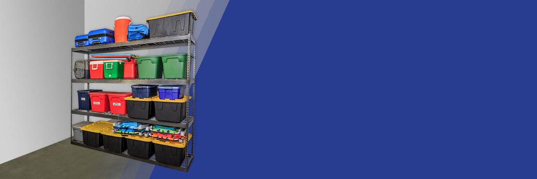 gray garage shelf with bins and coolers