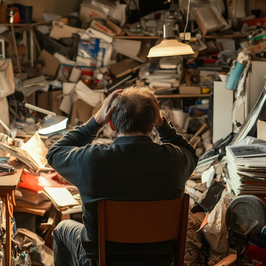 Close-up shot of a man with his hands over his head, surrounded by clutter