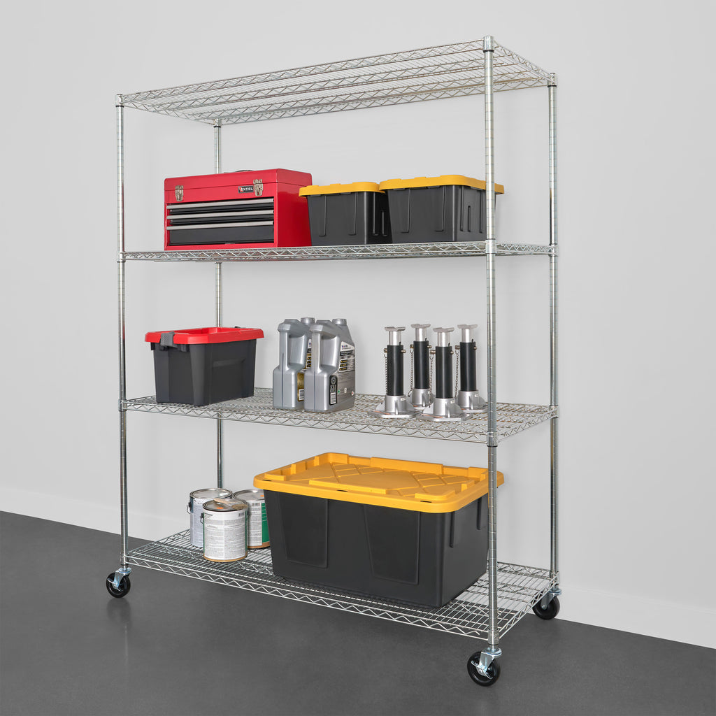 wire rack full with storage bins and car accessories