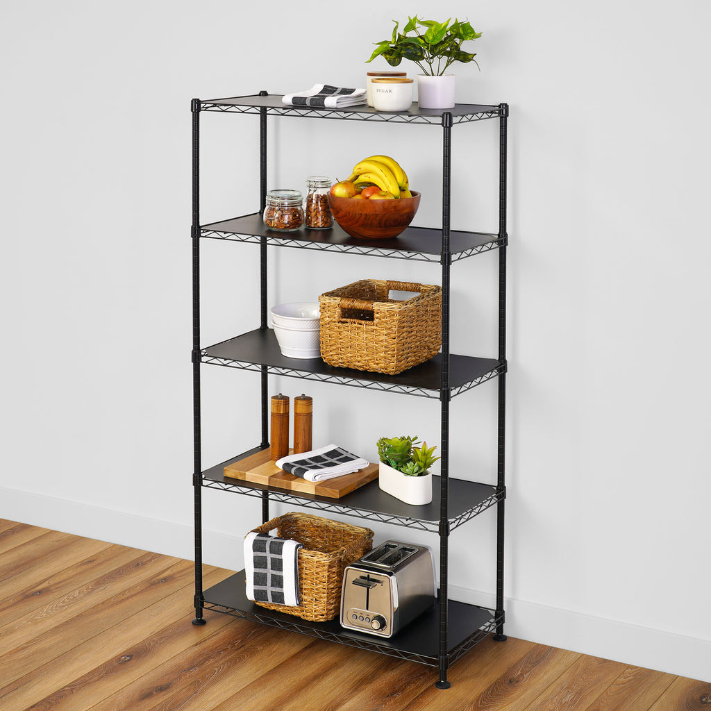 interior wire rack full with kitchen accessories, food, and decorations