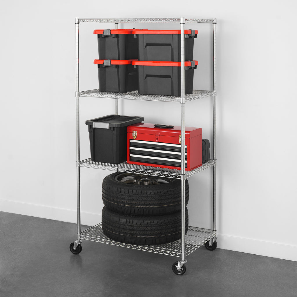 saferacks wire rack with storage bins, toolbox, and car tires (8143471476950)
