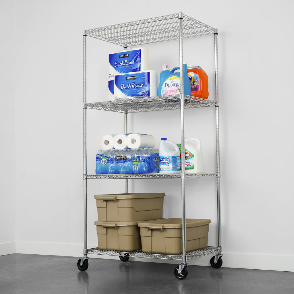 saferacks wire rack with storage bins, bath tissue, detergent, and water (8143471476950)