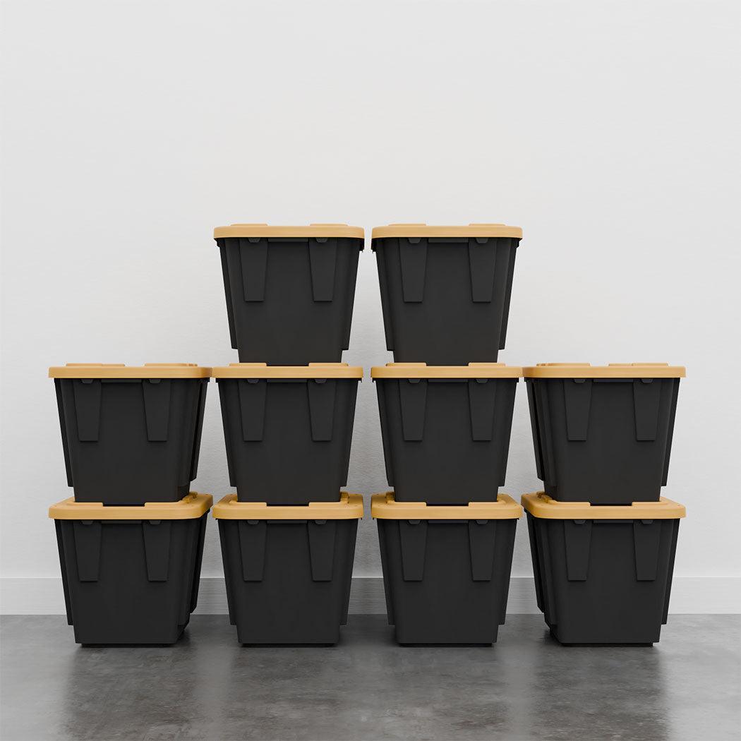 Ten 12 Gallon Black Storage Bins with Yellow Lids