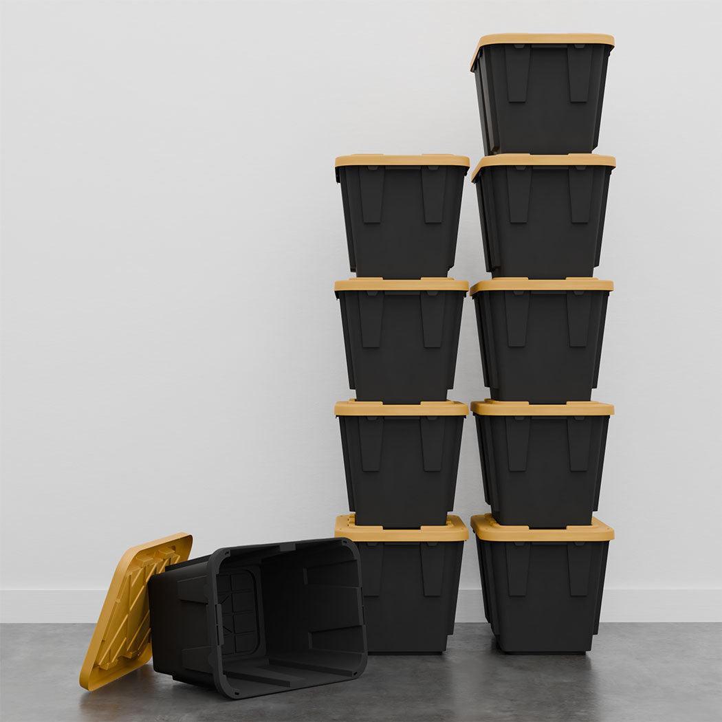 Ten 12 Gallon Black Storage Bins with Yellow Lids