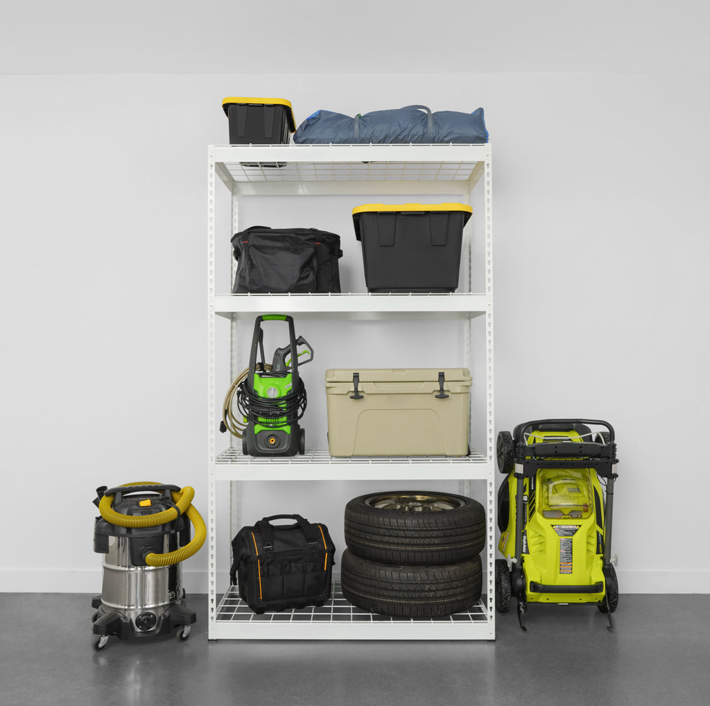 heavy duty garage shelving loaded with bins, tires, and garage tools (7726741356758)