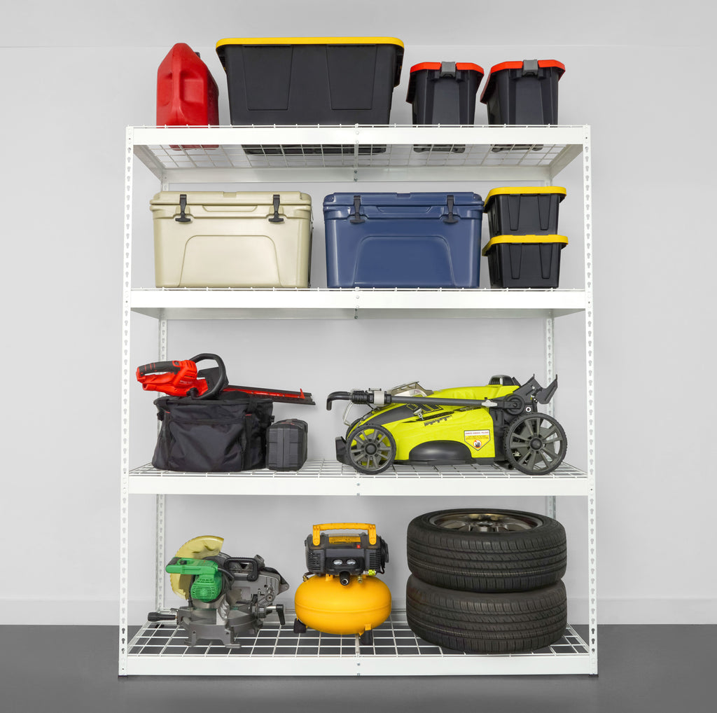 heavy duty garage shelving with storage bins, tires, coolers, and tools (7726741815510)