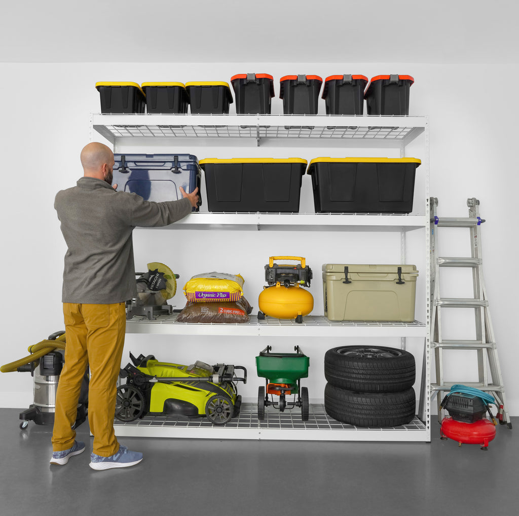 person removing a bin from a heavy duty garage shelving (7726742274262)
