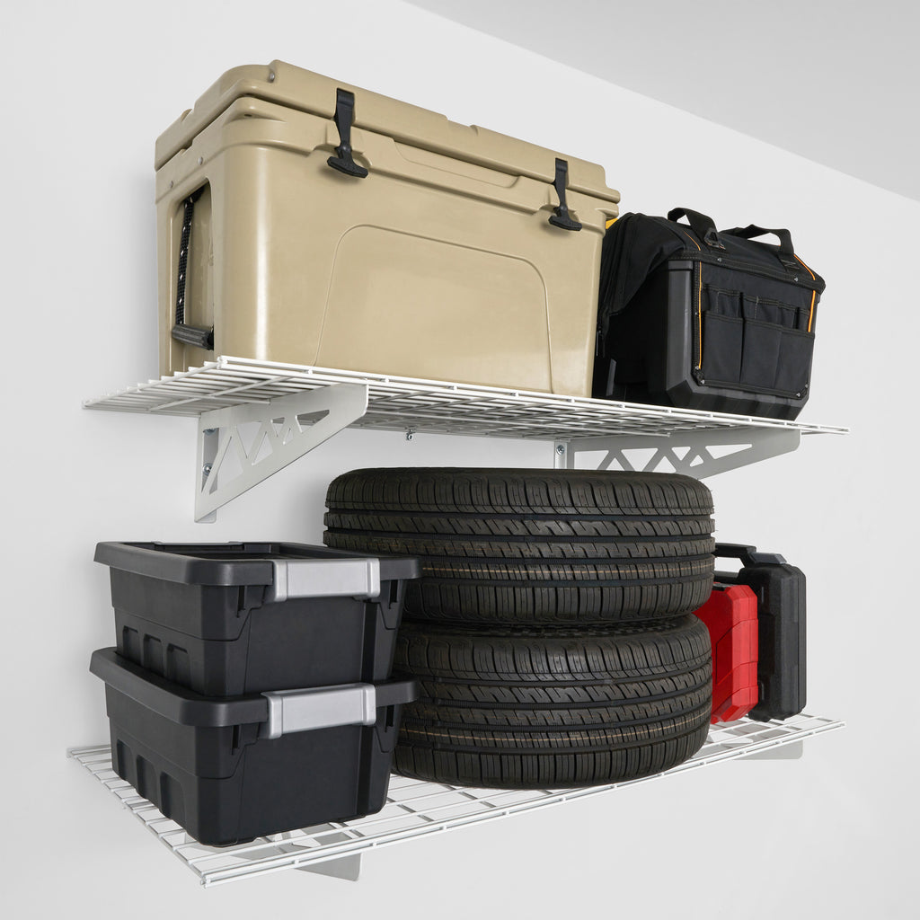 SafeRacks wall shelves with cooler, bins, and car tires (7726746239190)