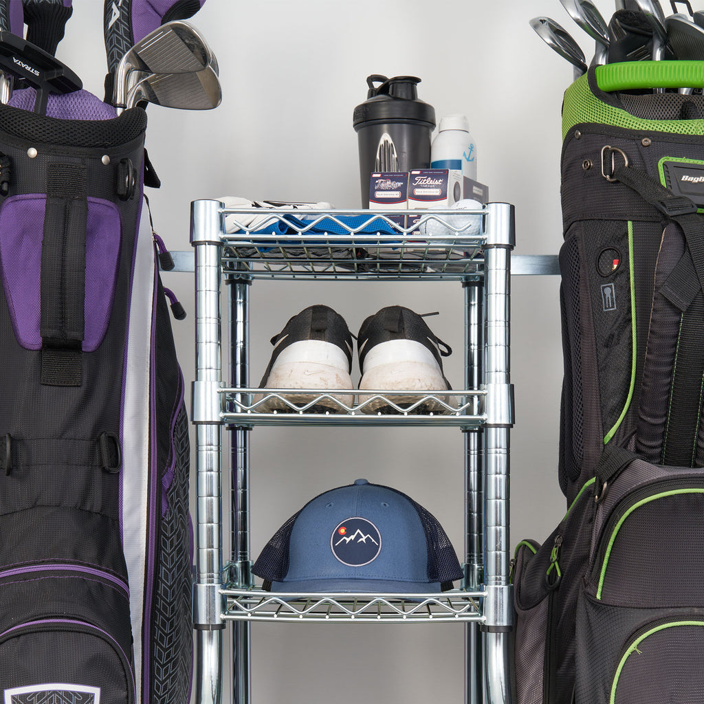 golf bag organizer with 2 golf bags, golf shoes, golf clubs, and golf accessories (7726745452758)