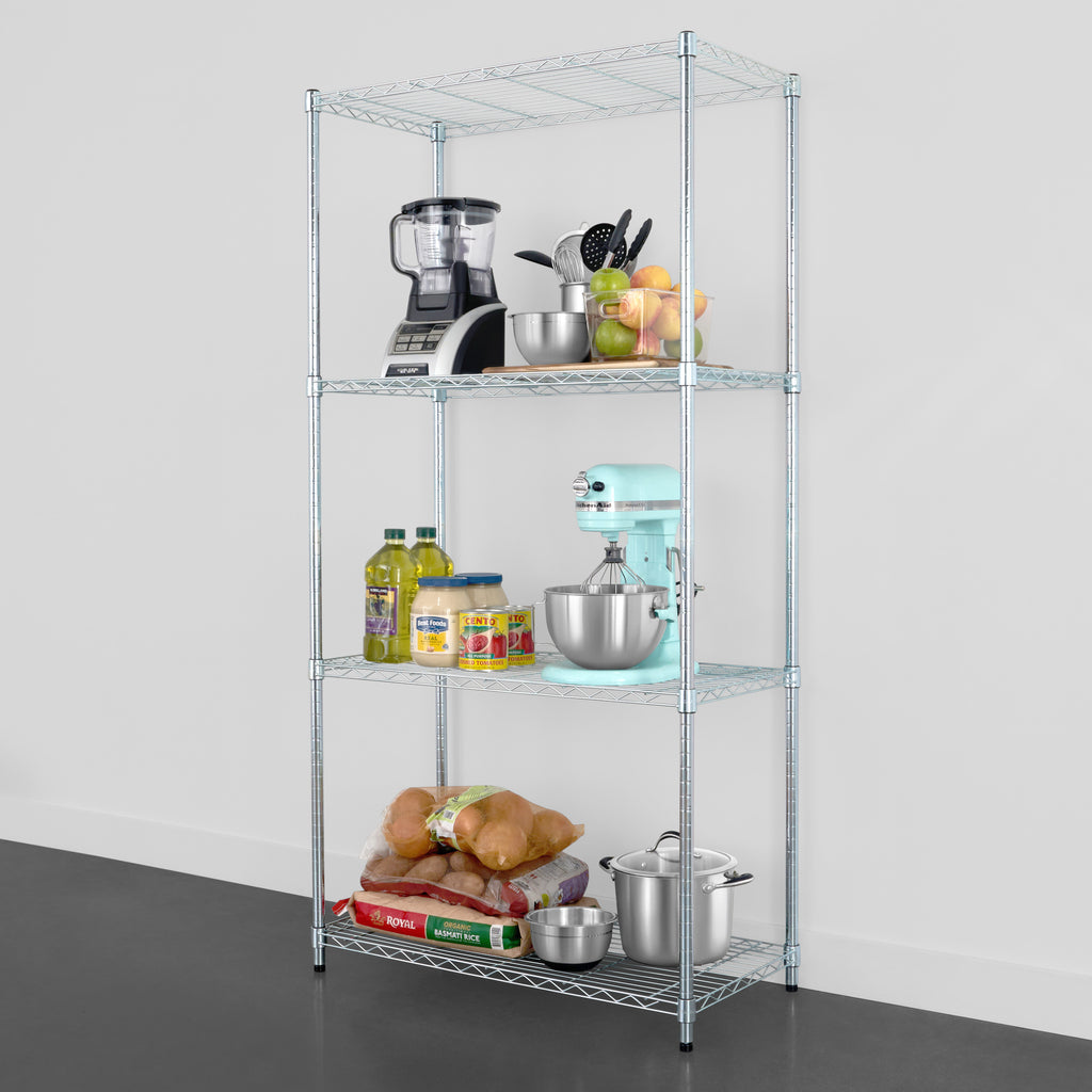 saferacks 18x36x72 wire rack with kitchen supplies, blender, mixer, food, and canned food (7726740472022)