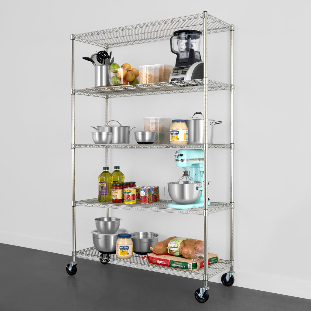 saferacks 18x48x72 wire rack with kitchen accessories, canned goods, and food (7726740799702)