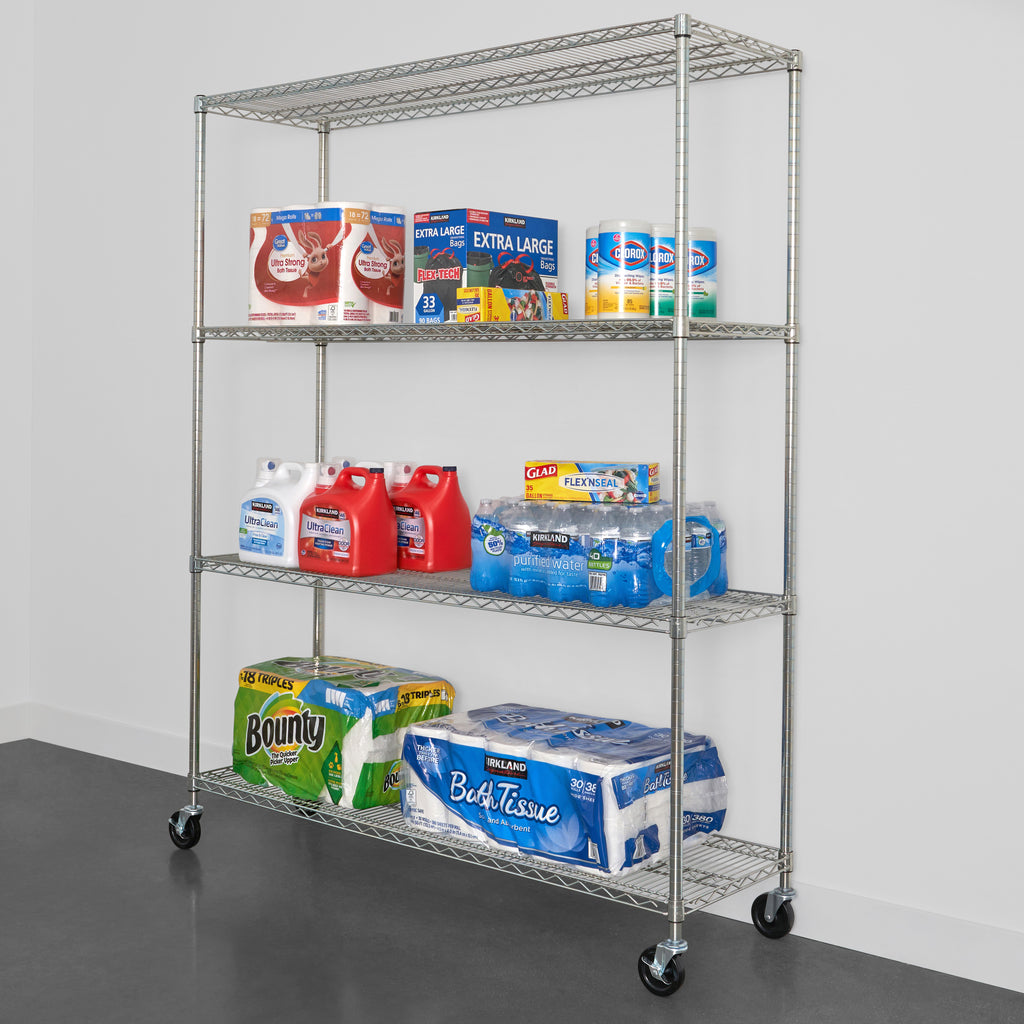 saferacks 18x60x72 wire rack with water, detergent, paper towels, bath tissue, and plastic bags  (7726740963542)