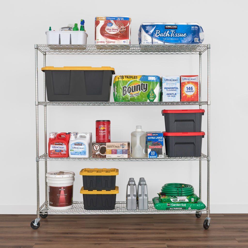 saferacks 18x72x72 wire rack with household goods like tissue paper, detergent, cleaning supplies, and gardening supplies (7726741061846)
