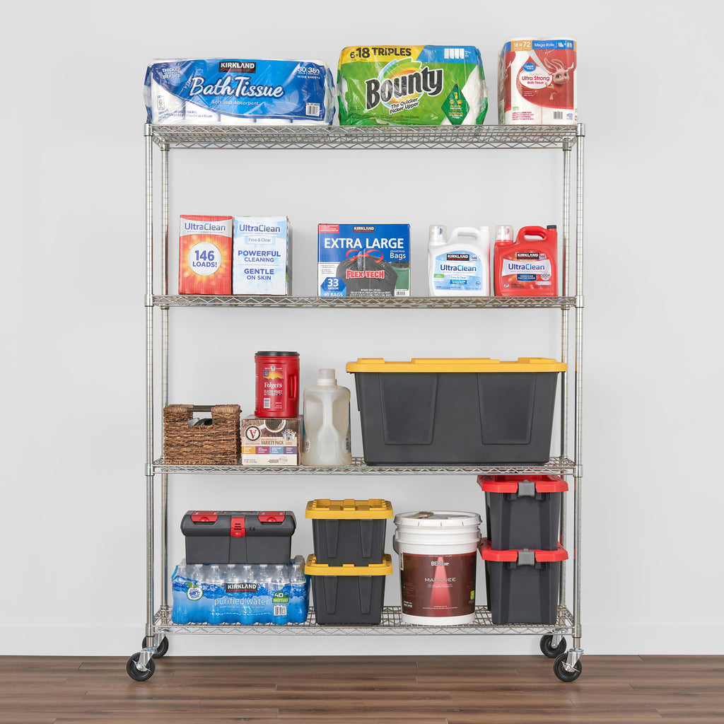 saferacks 18x60x72 wire rack with paper towels, water, bath tissue, storage bins, detergent, and other household goods (7726740963542)