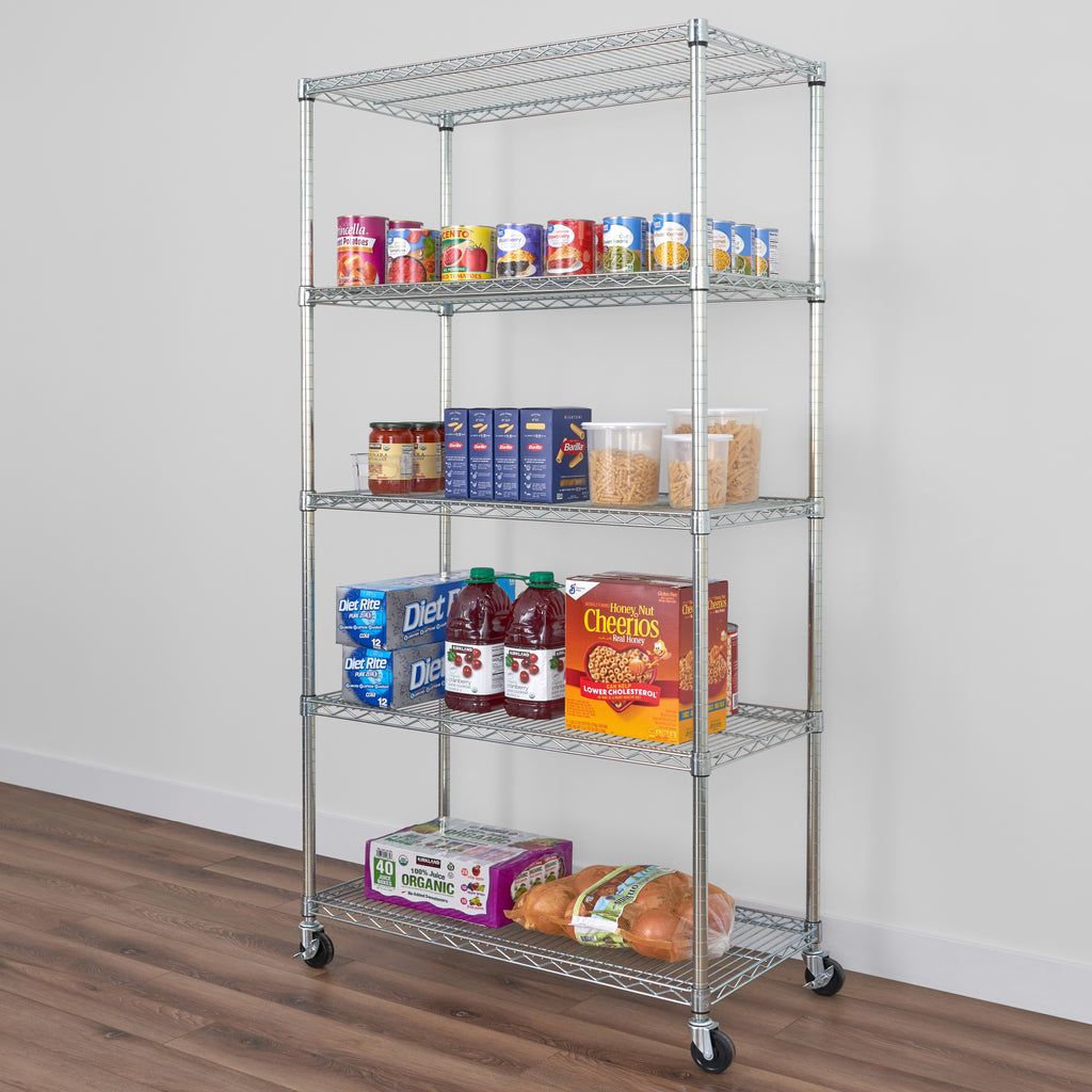 saferacks 18x36x72 wire rack with canned goods, cereal, drinks, and other food items (7726740635862)
