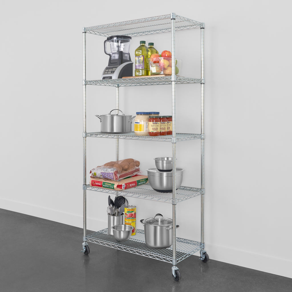 saferacks 18x36x72 wire rack with kitchen accessories, food, and canned goods (7726740635862)