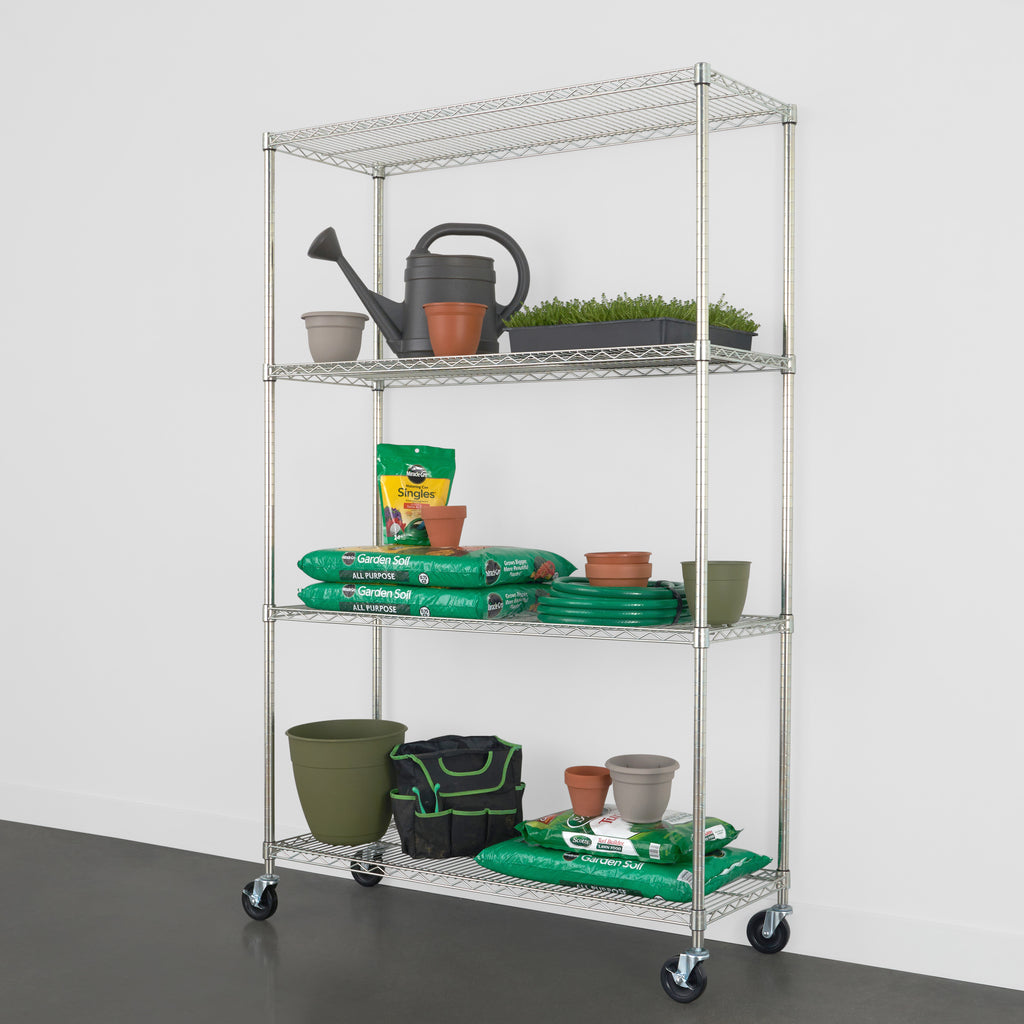 saferacks 18x48x72 wire rack with gardening supplies, like soil, fertilizer, hose, plants, and pots (7726740734166)