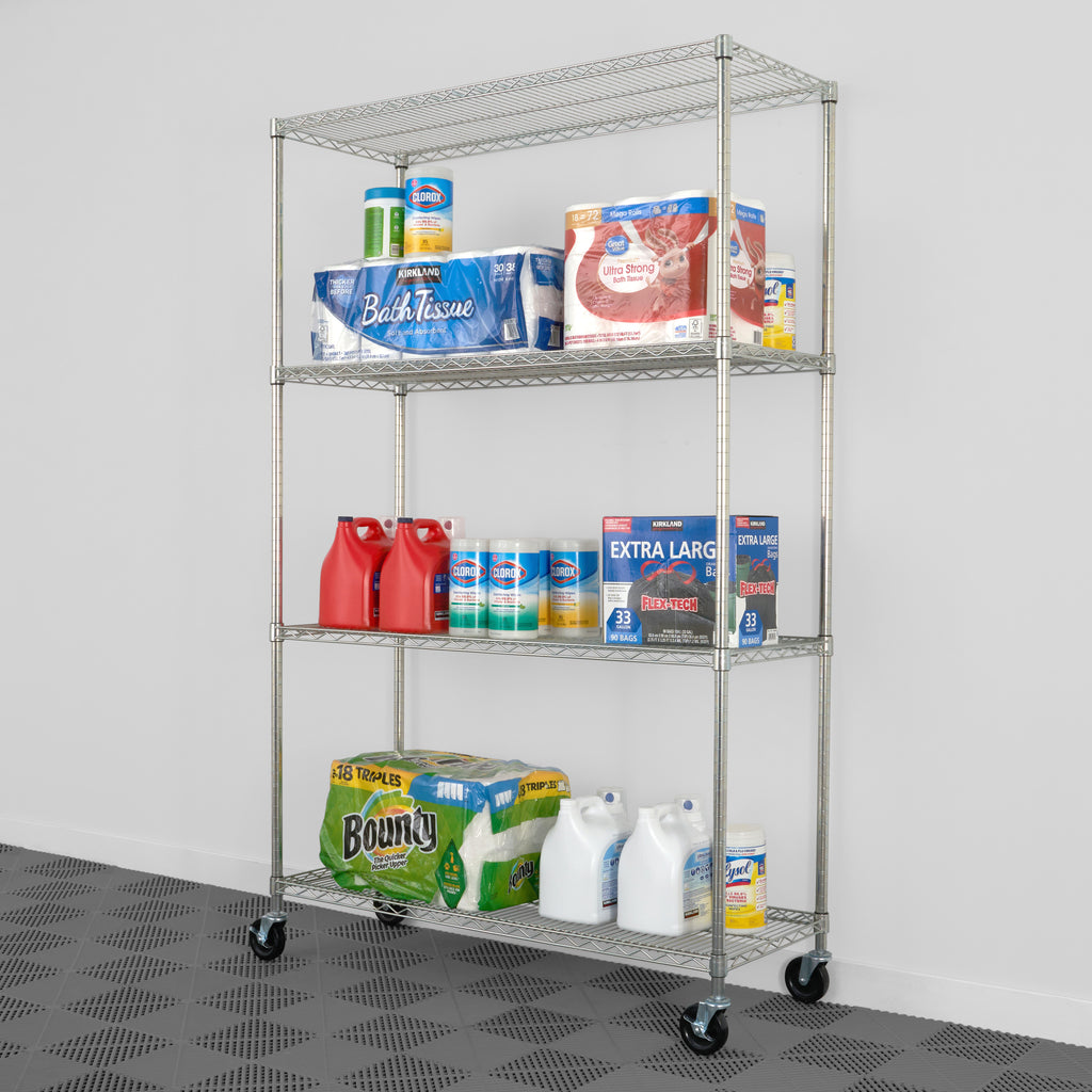 saferacks 18x48x72 wire rack with detergent, plastic bags, bath tissue, paper towels, and other household items (7726740734166)