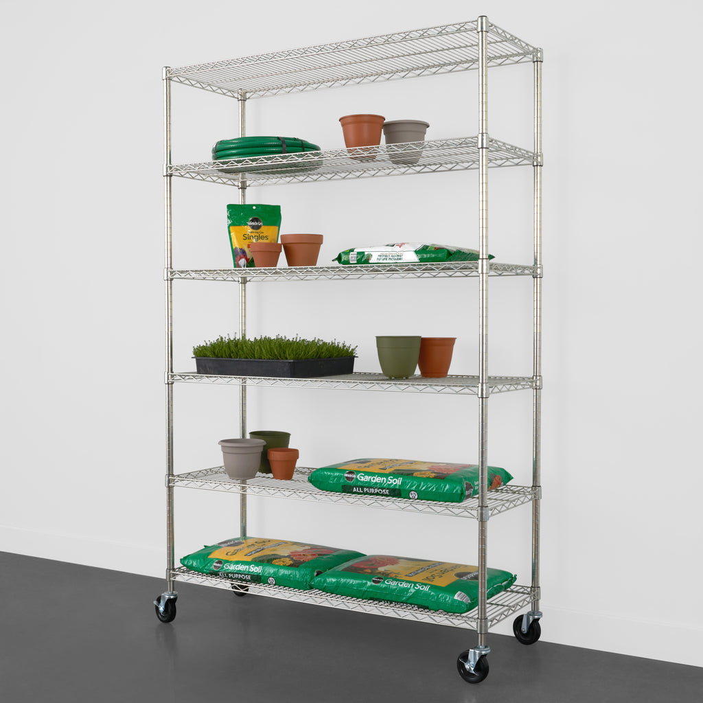 saferacks 18x48x72 wire rack with gardening supplies like soil and pots (7726740898006)