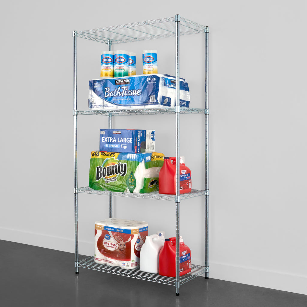 saferacks 18x36x72 wire rack with household goods like groceries, bath tissue, paper towels, detergent, and plastic trash bags (7726740472022)