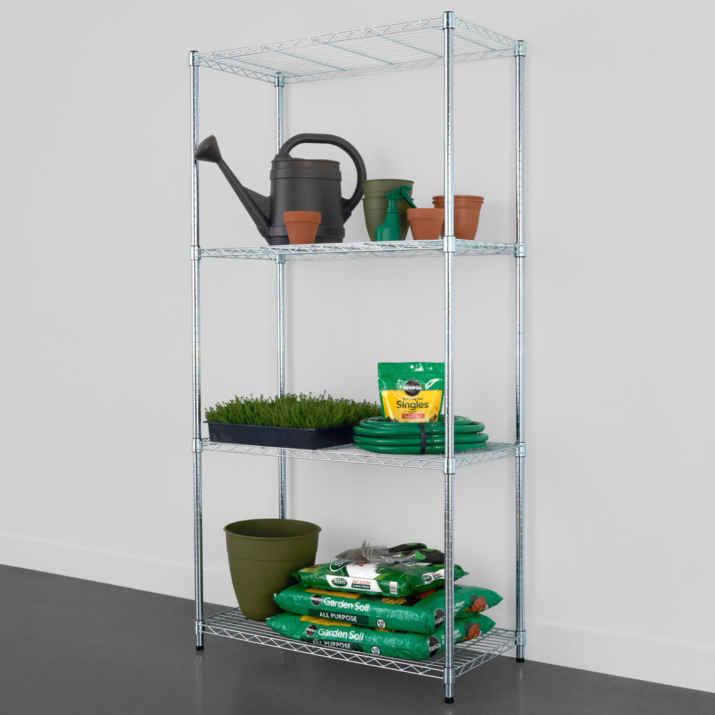 saferacks 18x36x72 wire rack with gardening accessories like plants, soil, fertilizer, and hose (7726740472022)