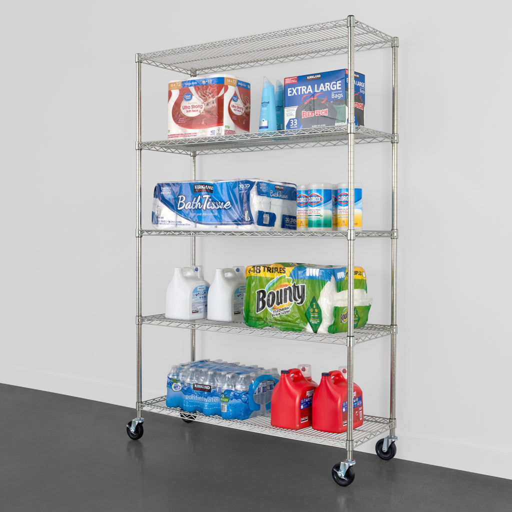 saferacks 18x48x72 wire rack with tissue paper, water, detergent, and plastic bags (7726740799702)