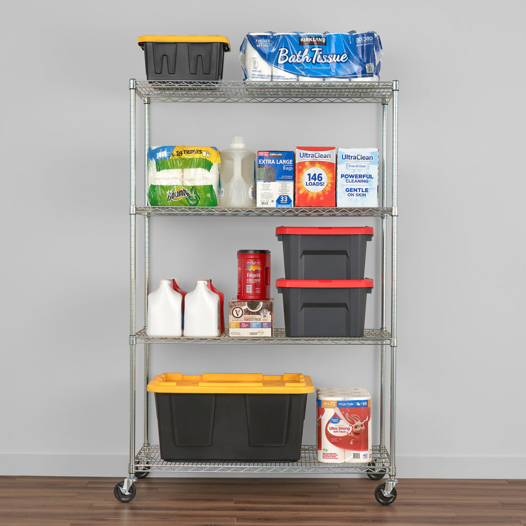 saferacks 24x48x72 wire rack with household items like bath tissue, storage bins, paper towel, and detergents (7726741160150)