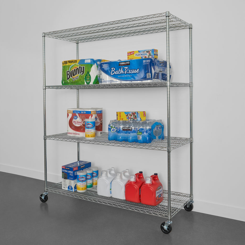 saferacks 24x60x72 wire rack with household goods like bath tissue, water, wipes, and detergent (7726741586134)