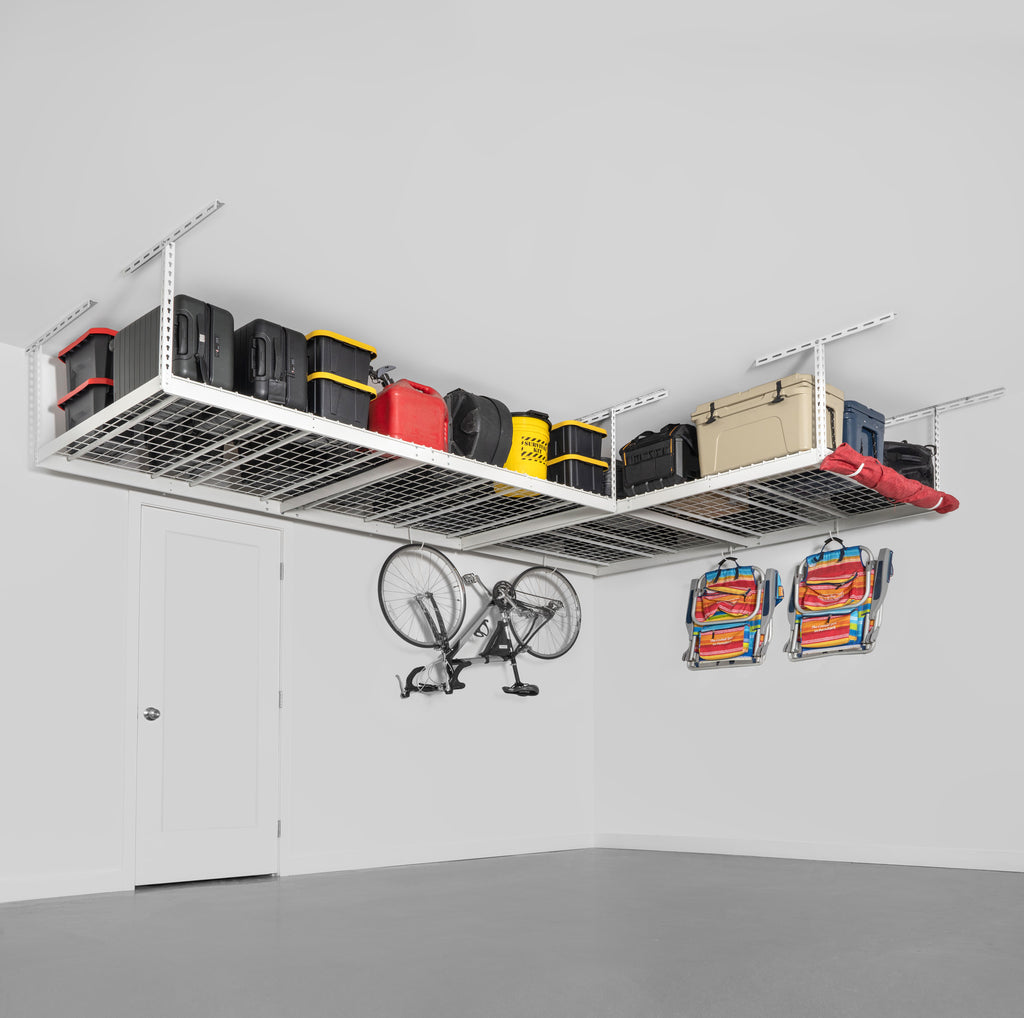 saferacks overhead garage storage rack two pack with storage bins, boxes, coolers, and ladder and bike hanging from storage hooks (7726739030230)