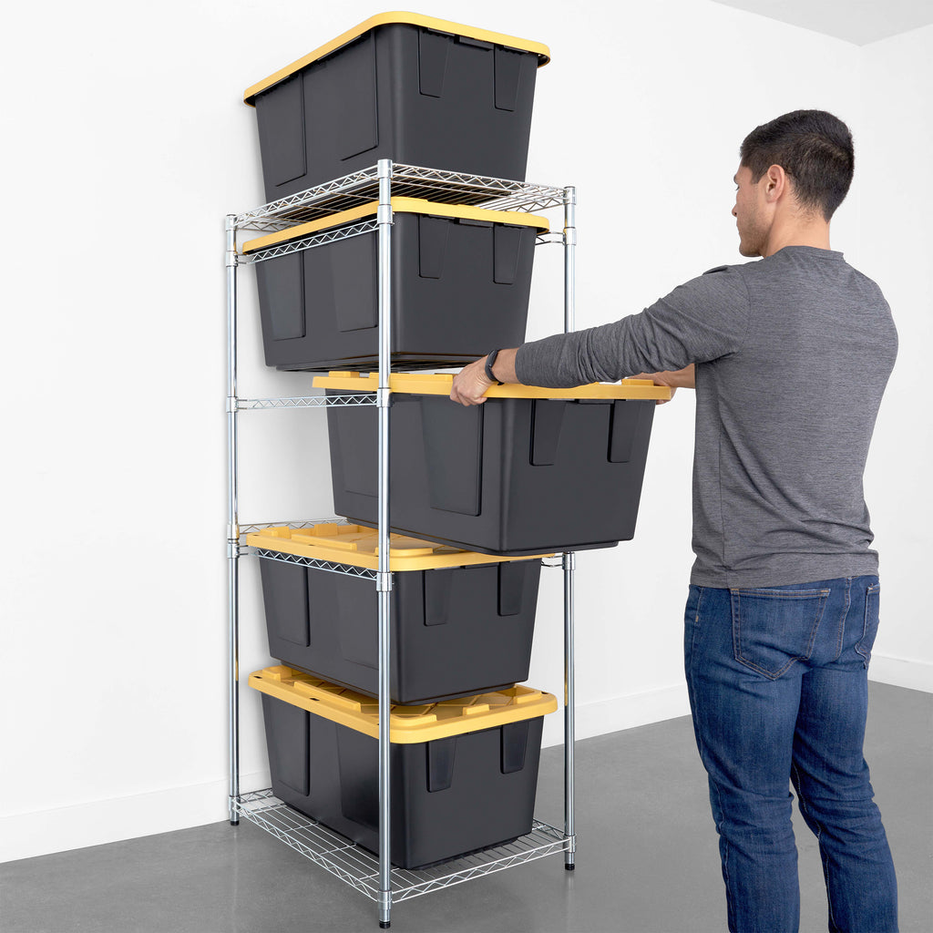 person removing a yellow storage bin from storage bin rack  (7726742110422)