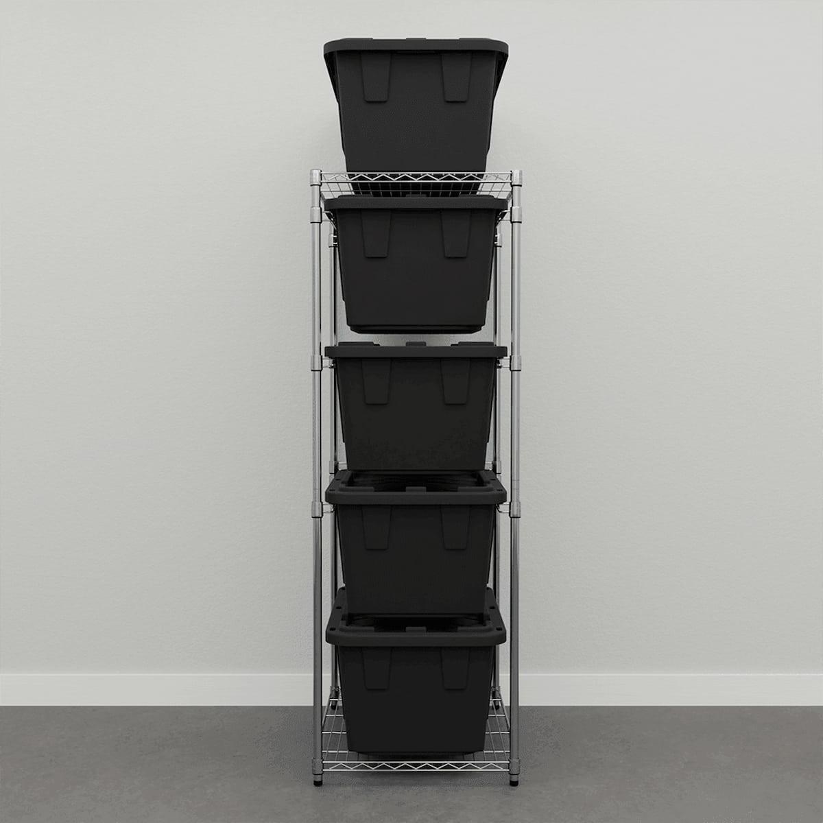 storage bin rack with black storage bins