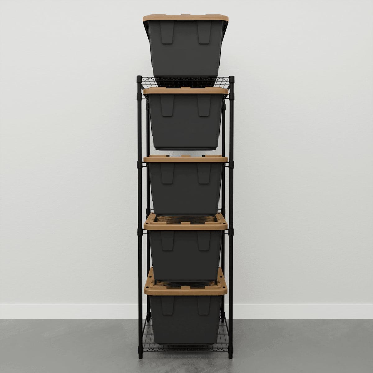 storage bin rack with black storage bins