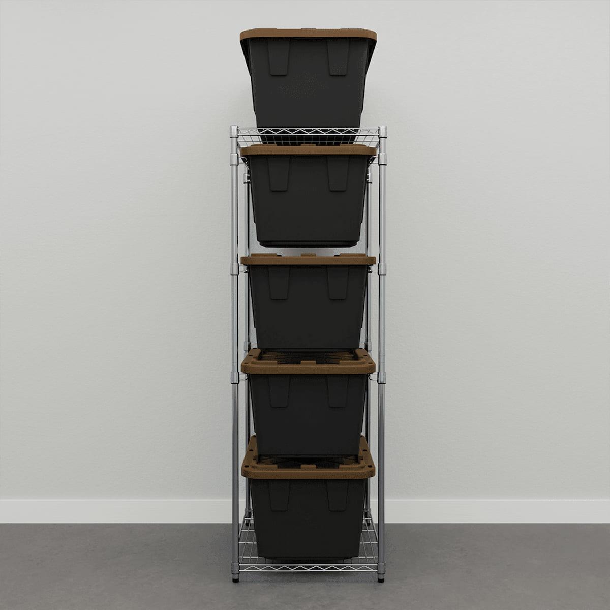 storage bin rack with black storage bins