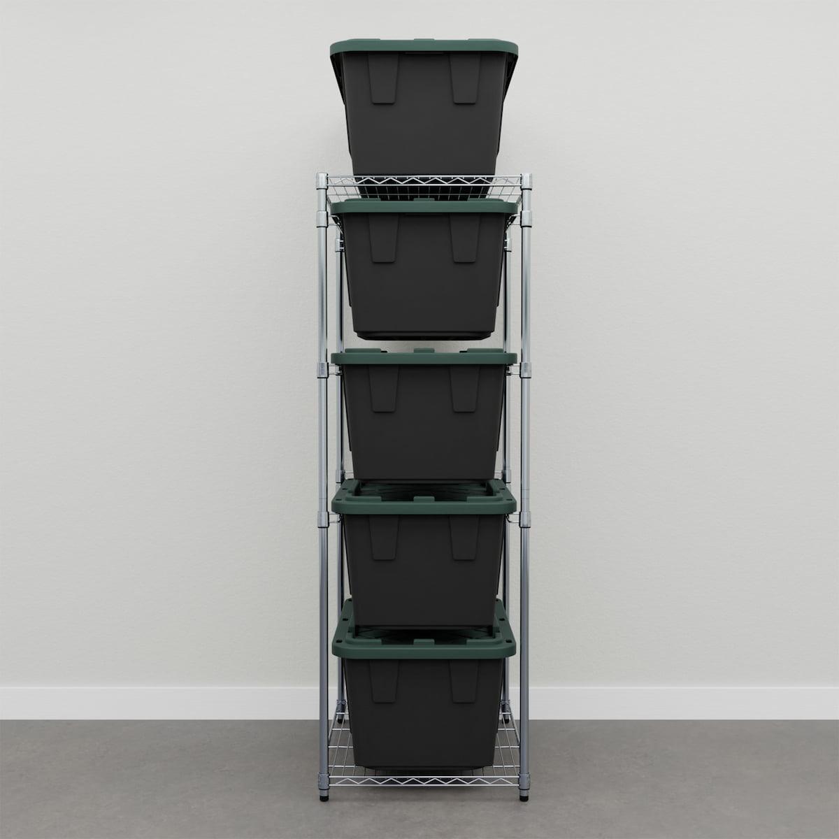 storage bin rack with black storage bins