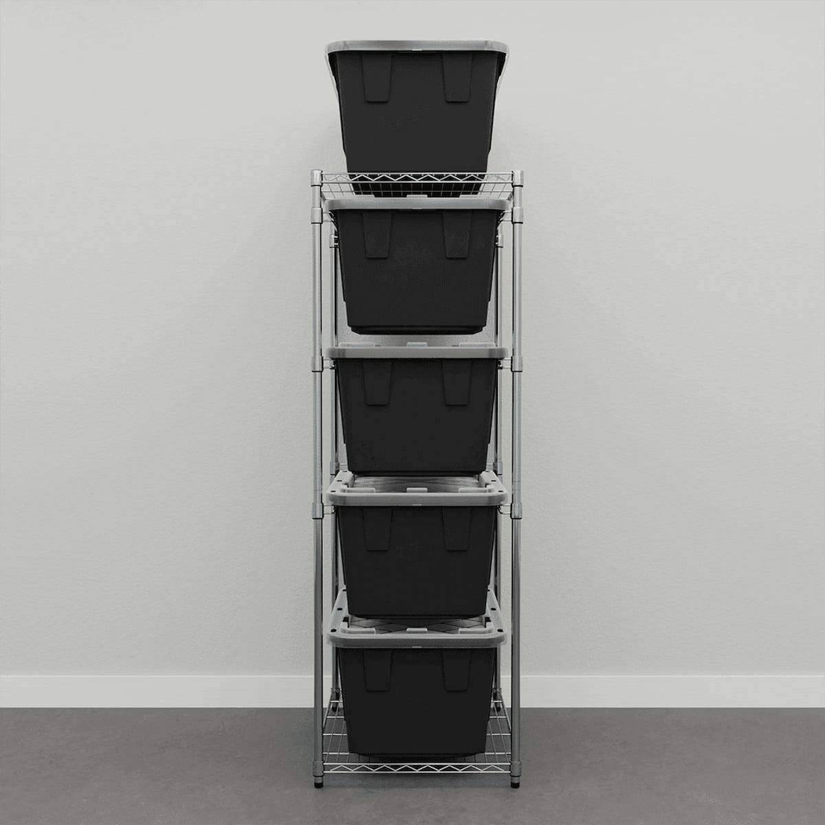storage bin rack with black storage bins