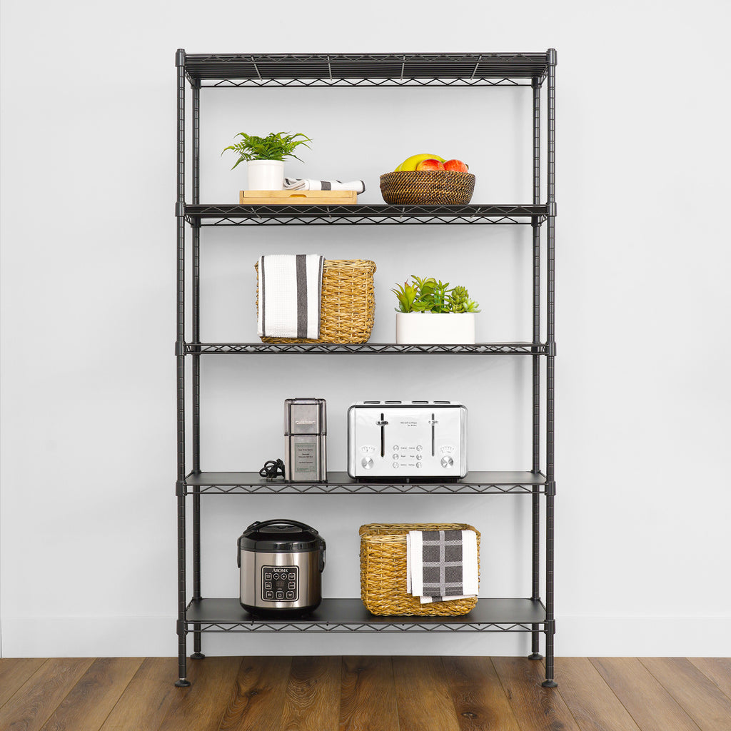 saferacks 14x36x60 wire rack with kitchen accessories like fruit, toaster, and rice maker (8143462170838)