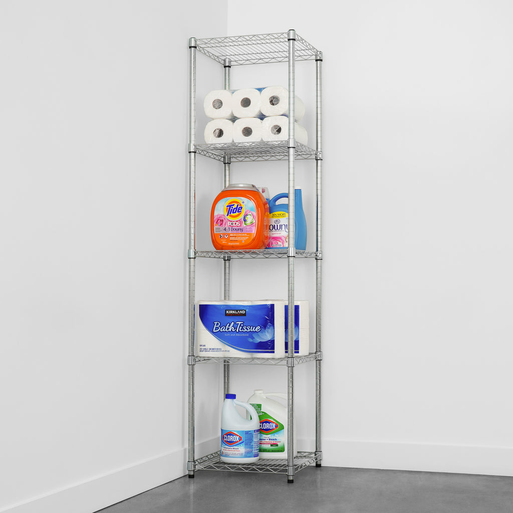 saferacks corner wire rack with household items, bath tissue, and detergent (8143470690518)