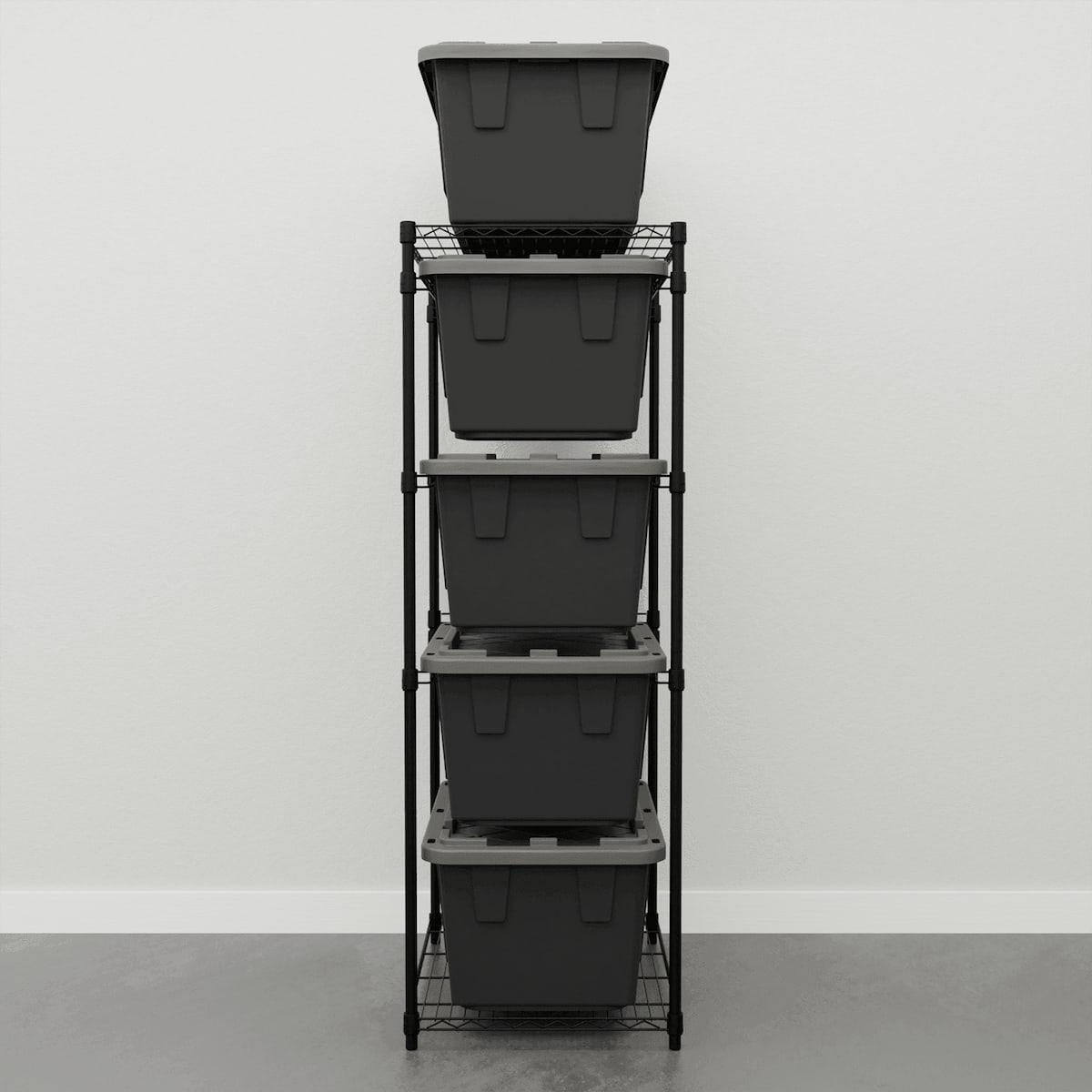 storage bin rack with black storage bins
