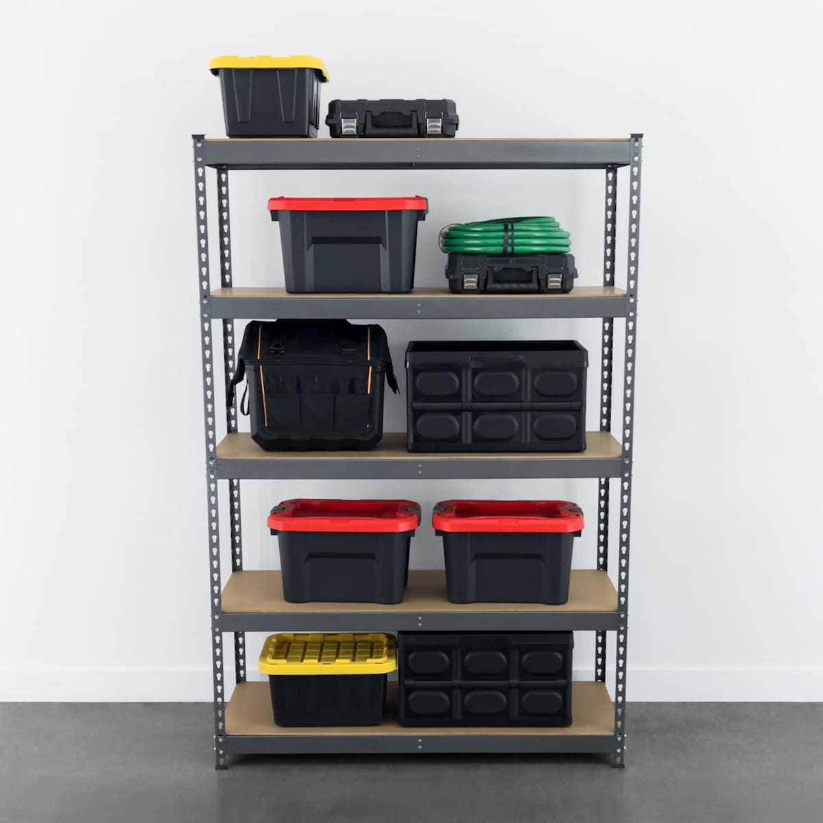18" x 48" x 72" Garage Shelving in Hammertone holding various items
