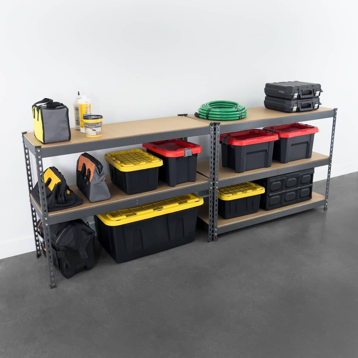 18" x 48" x 72" Garage Shelving Work Bench in Hammertone holding various items