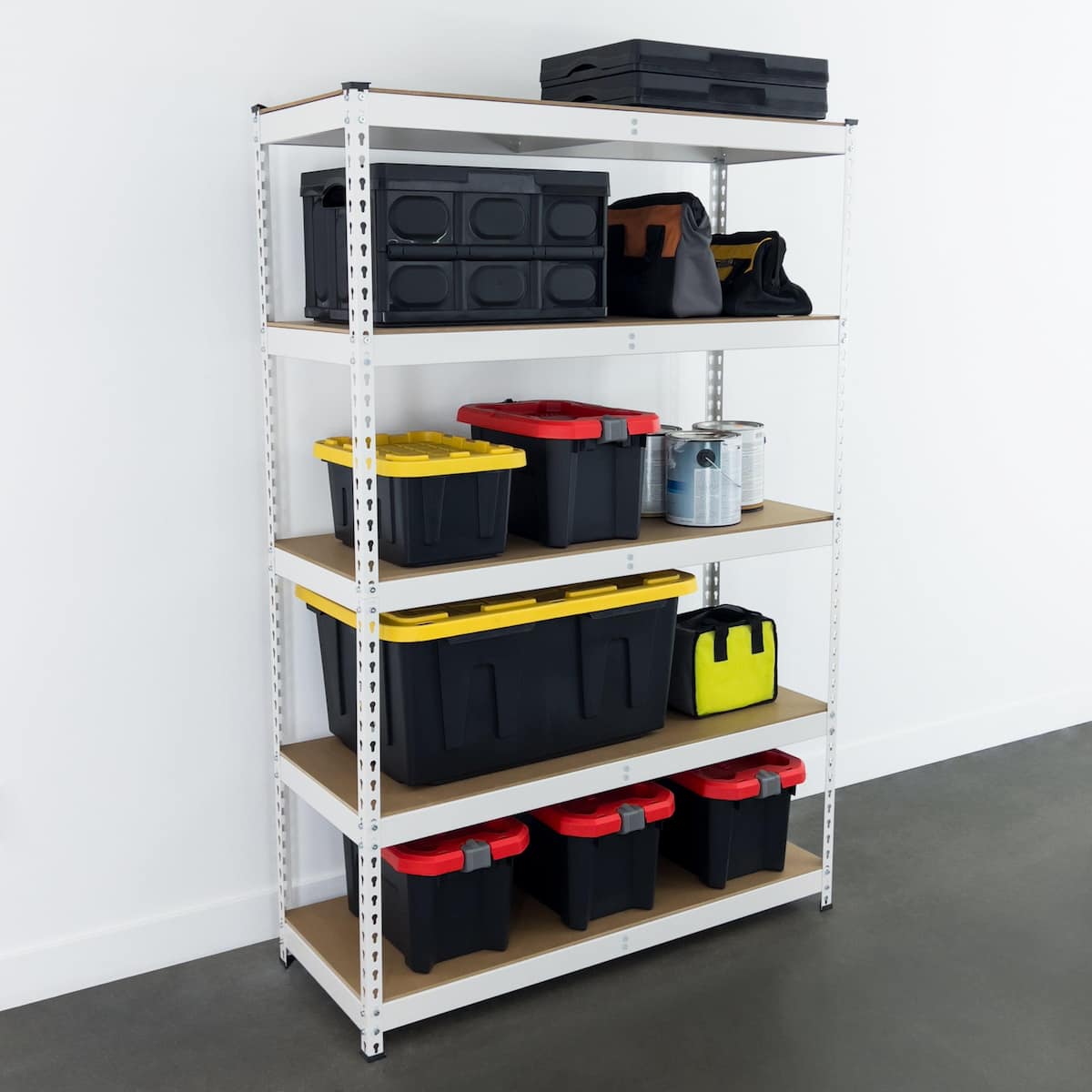 18" x 48" x 72" Garage Shelving in White holding various items