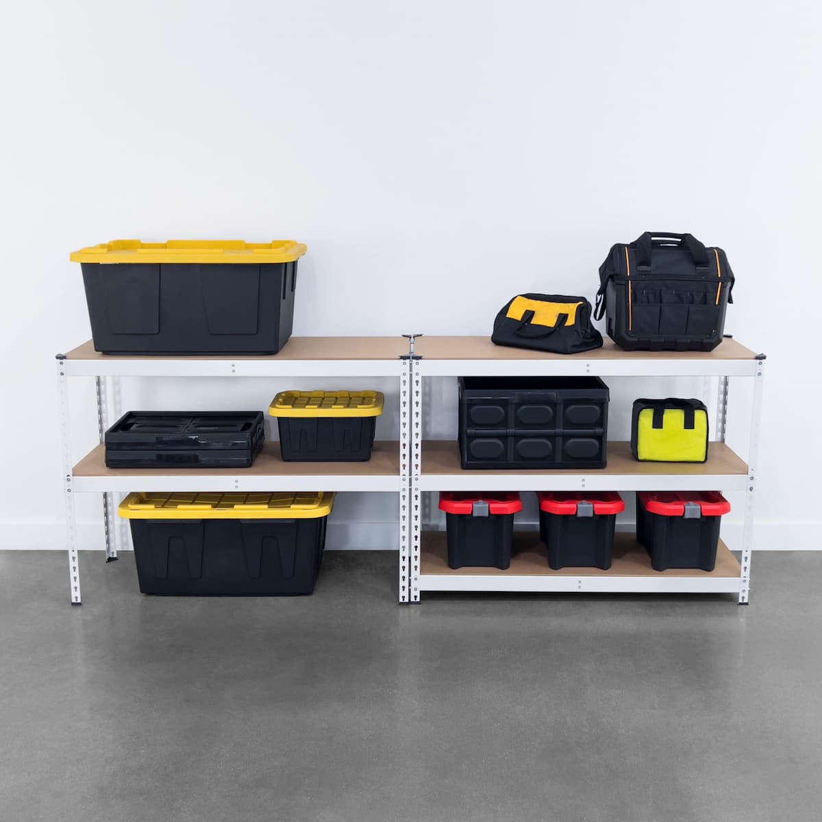 18" x 48" x 72" Garage Shelving Work Bench in White holding various items