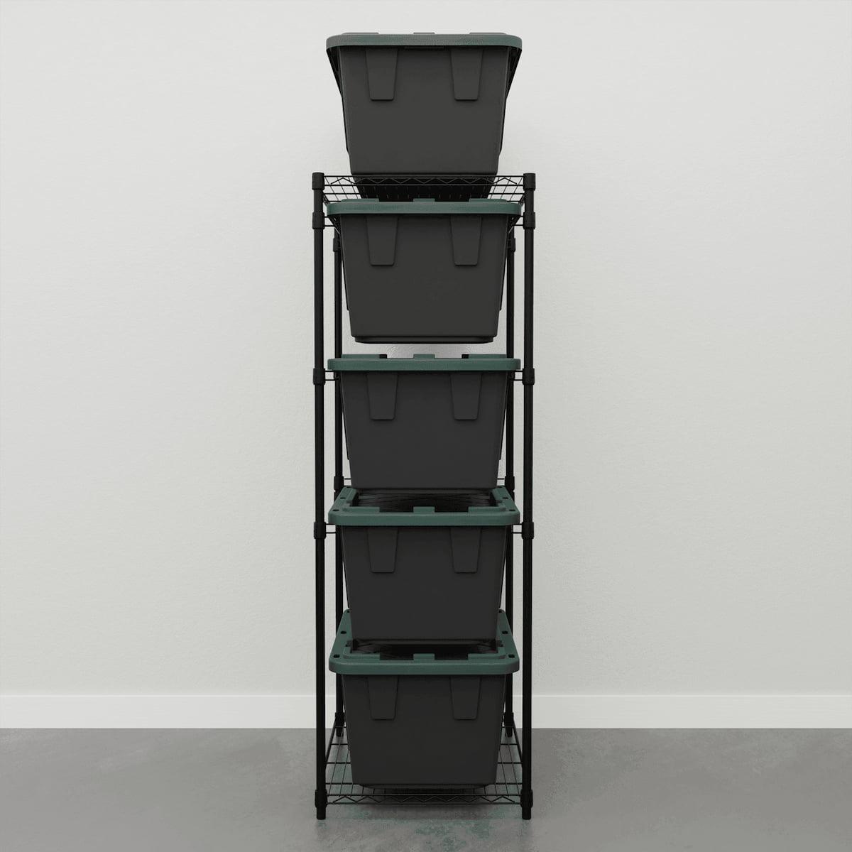 storage bin rack with black storage bins