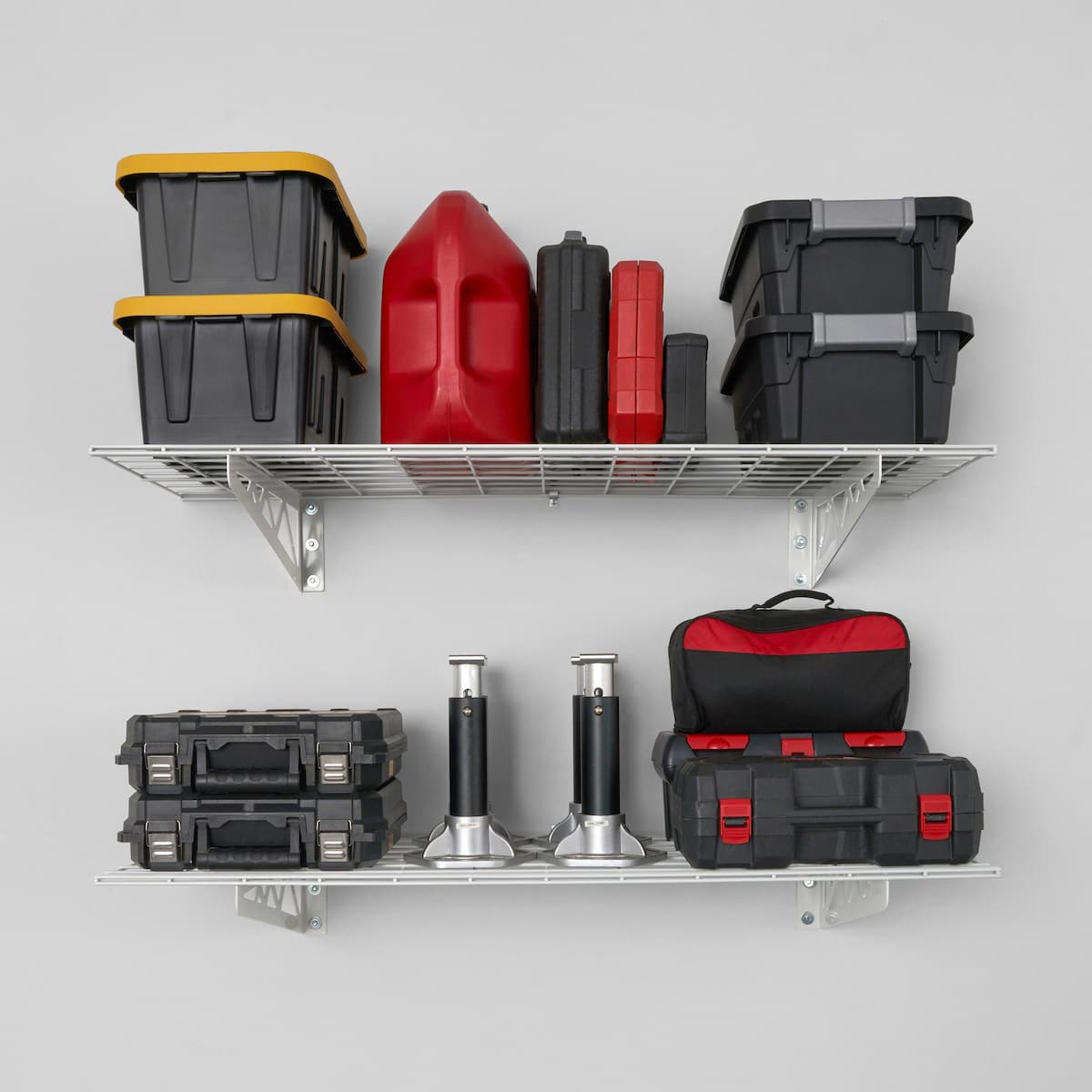 18" x 48" wall shelf set in white holding various items