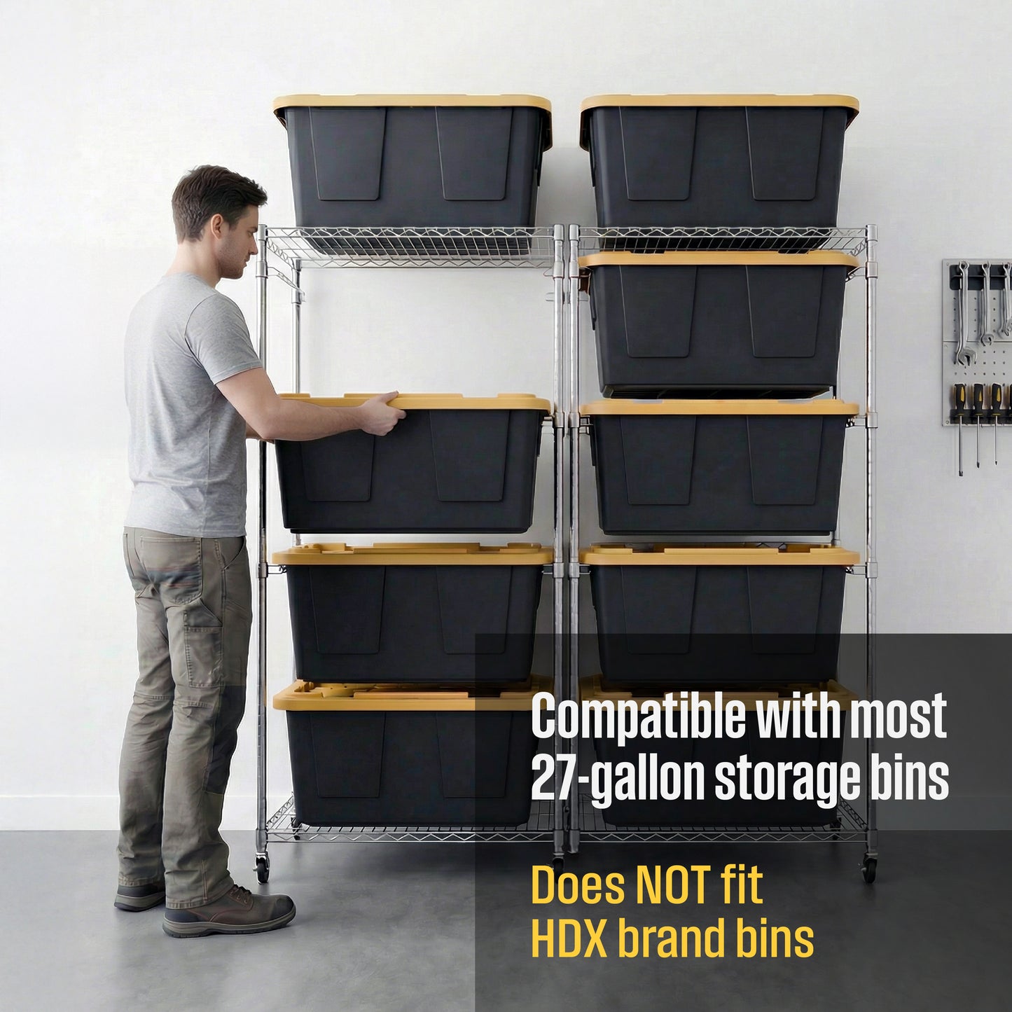 A man slides a black and yellow storage bin into a silver side-loading bin rack. Another full bin rack is next to it, connected side-by-side to the first one with a silver connector kit. Text overlay reads 'Compatible with most 27-gallon storage bins, does NOT fit HDX brand bins'