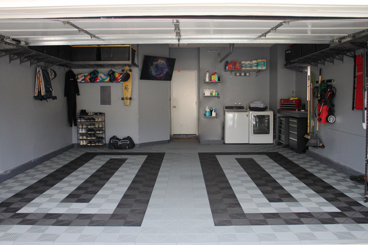Garage floor with white and black floor tiles