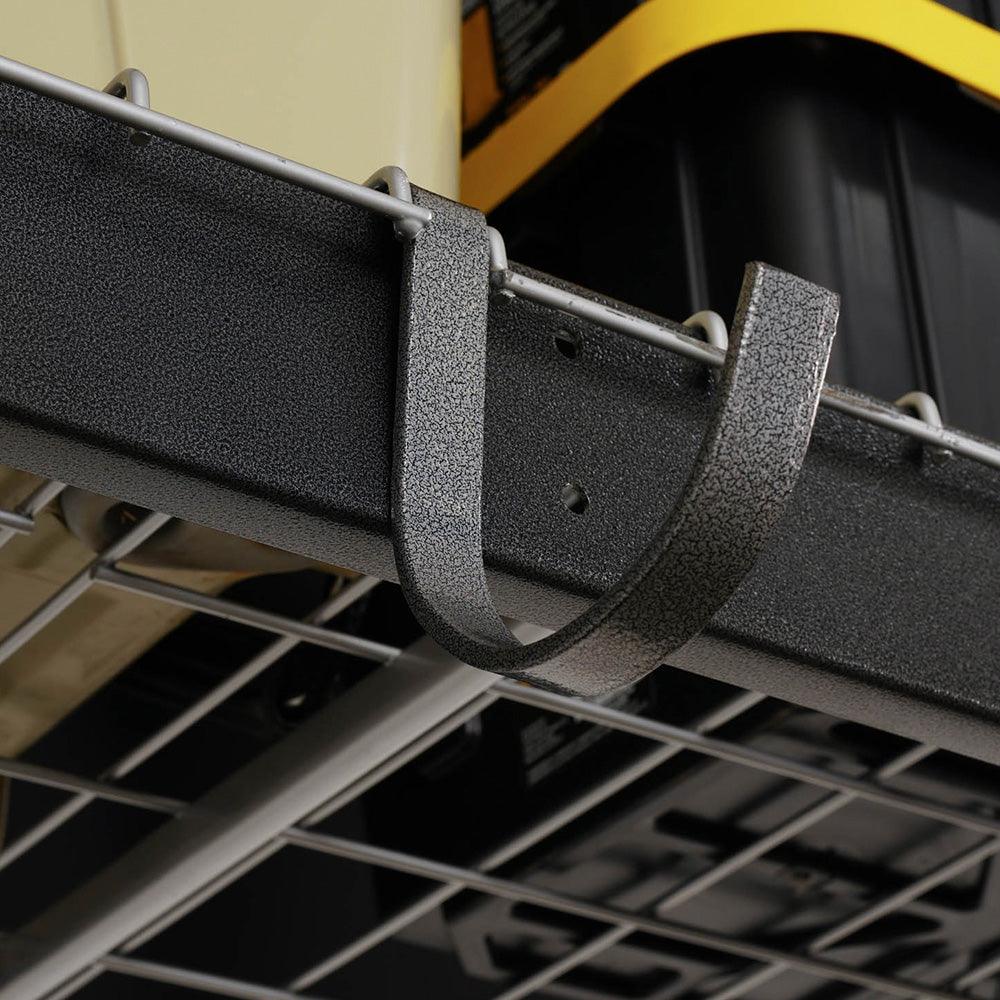 gray rail hook on the side of garage storage rack