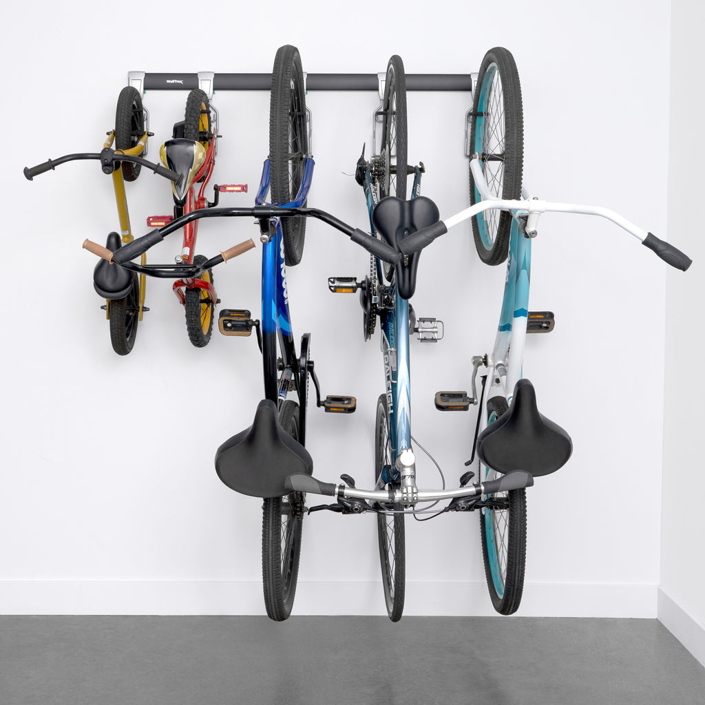 garage track system and adjustable bike hooks loaded with adult bicycles and kids bicycles (7726746599638)