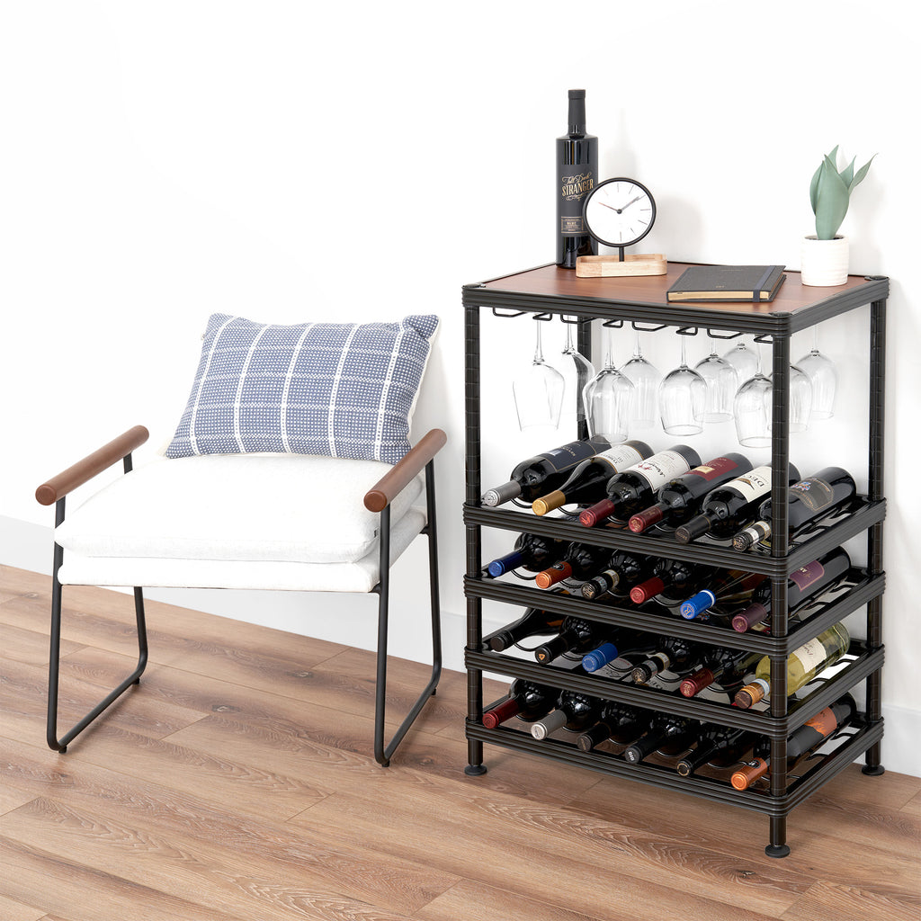 wine rack full with wine bottle, wine glasses, and decorations  (7963646099670)