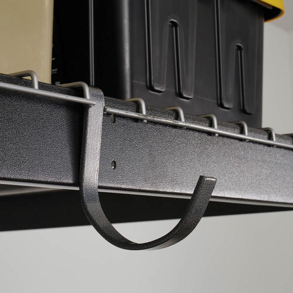 gray rail hook on the side of garage storage rack
